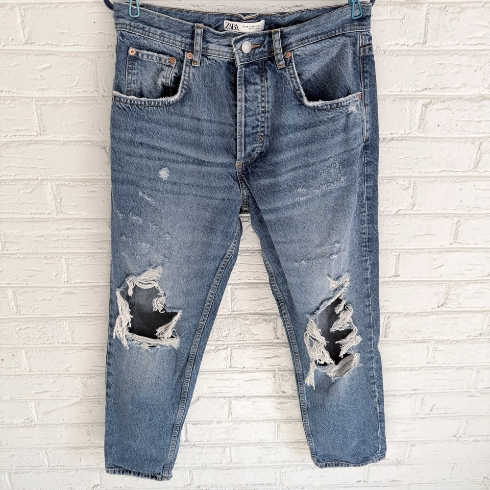 ZARA Ripped Skinny Cropped Jeans Blue Distressed Size US 30‎